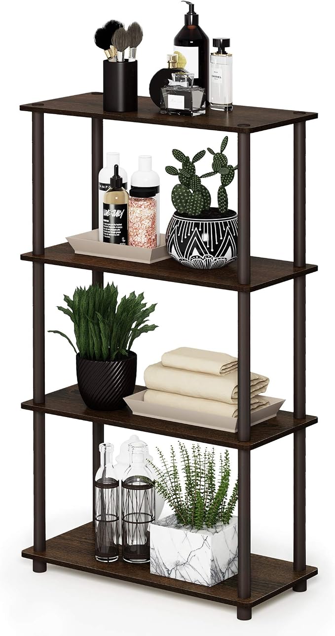 Furinno TURN-N-TUBE Storage Shelves, 4-Tier Toolless Book Shelf, Corner Shelf, Toolless Open Shelves, for Organization and Storage, Living Room, Garage, Home Office, Walnut