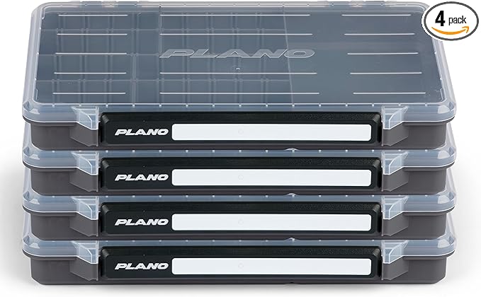 Plano StowAway 3700 50/50 Split Stow Tackle Box, 4-Pack, Corrosion-Preventive Rustricor, Single Latch Design, Transparent DuraView Lid, Stackable Storage for Fishing Bait, Lures and Gear