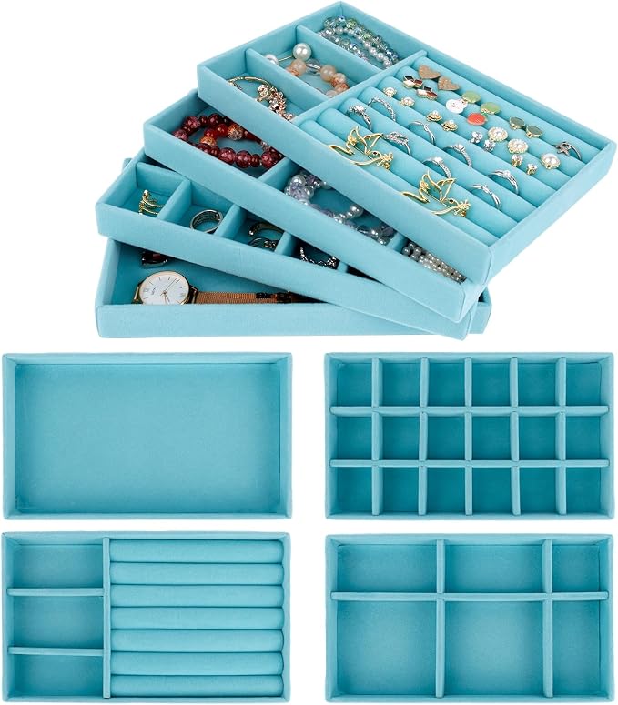 Framendino, 4 Pack Blue Velvet Jewelry Trays Stackable Organizer Drawer Inserts Container Display Case for Bracelets Necklaces