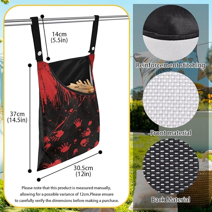 Red Blood Handprint Clothespin Bag with Hanging Hook Summer Laundry Clothes Pin Holder Waterproof Clothes Pin Hanging Bag Clothespin Storage Organizer with Large Opening