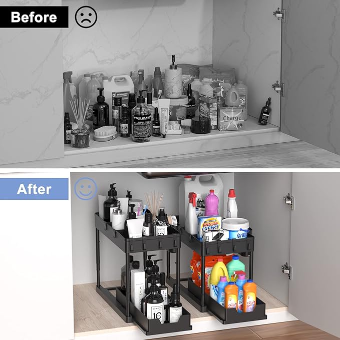 Under Sink Organizers and Storage, 2 Tier Black Bathroom Cabinet Organizer with 4-Height Adjustable Telescopic Tube,4 Removable Dividers,4 Hooks,1 Cup, Kitchen Under Sink Organizer,1 Pack