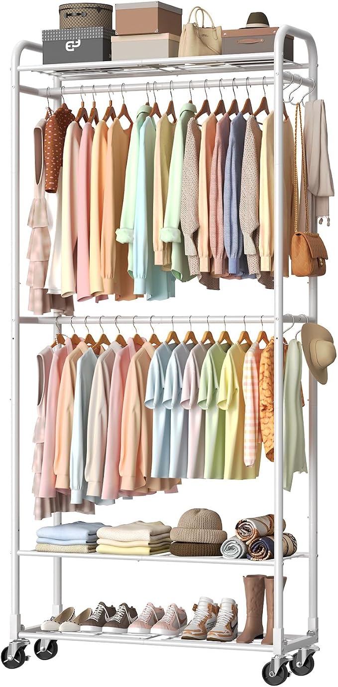 Luxspire Clothes Rack 3-Tier Portable Freestanding Closet with Shelves | Iron mesh storage rack with double hanging rods, multi shelves, suitable for bedroom and cloakroom storage, white