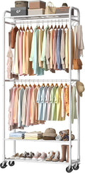 Luxspire Clothes Rack 3-Tier Portable Freestanding Closet with Shelves | Iron mesh storage rack with double hanging rods, multi shelves, suitable for bedroom and cloakroom storage, white