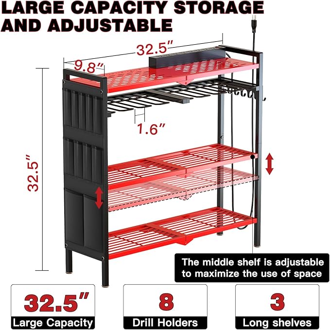 NattyDot Power Tool Organizer Cart with Charging Station, 8 Drills, Red | Freestanding Power Tool Cart Holds 8 Drills; Charging Station Powers Batteries while Sturdy Shelves Organize Garage Gear