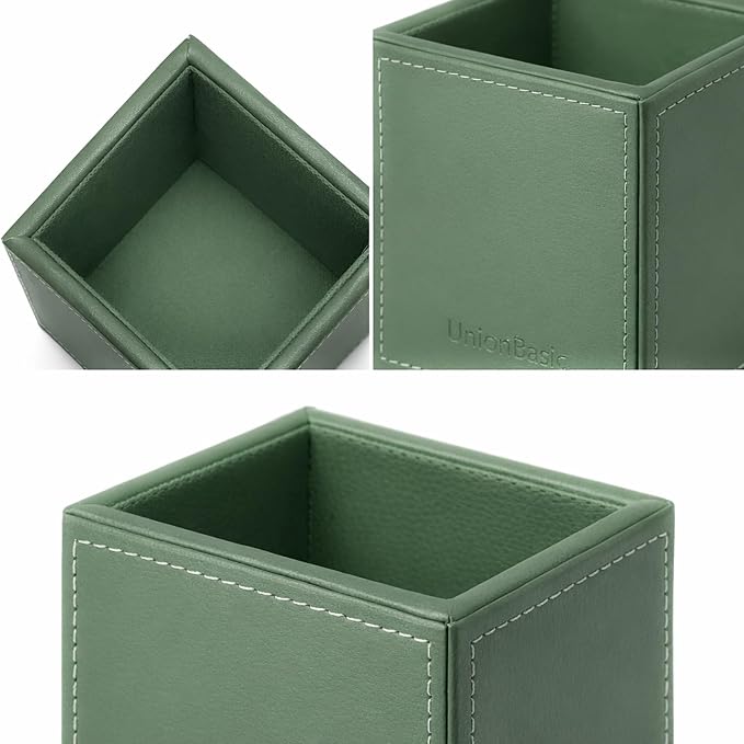 UnionBasic Square Pens Pencils Cup Holder Desk Stationery Organizer, Selected Faux Leather, Malachite Green