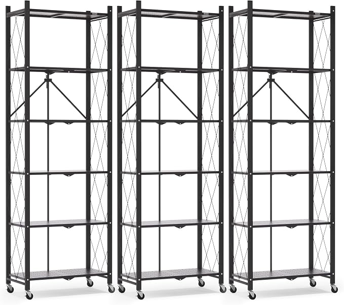 ALANNG 73.6 Inch Folding Bookshelf, 6 Tier Metal Bookcase and Bookshelves | Tall Shelves for Living Room Office Bedroom, Heavy Duty Book Shelve Free Standing Open (Black, 3PACK)