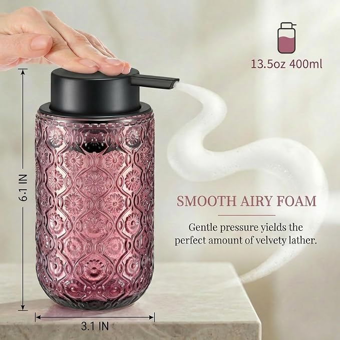 Pink Glass Foaming Hand Soap Dispenser with Matte Black Pump Thick Embossed Bottle Refillable for Bathroom and Kitchen Decor 13.5 oz