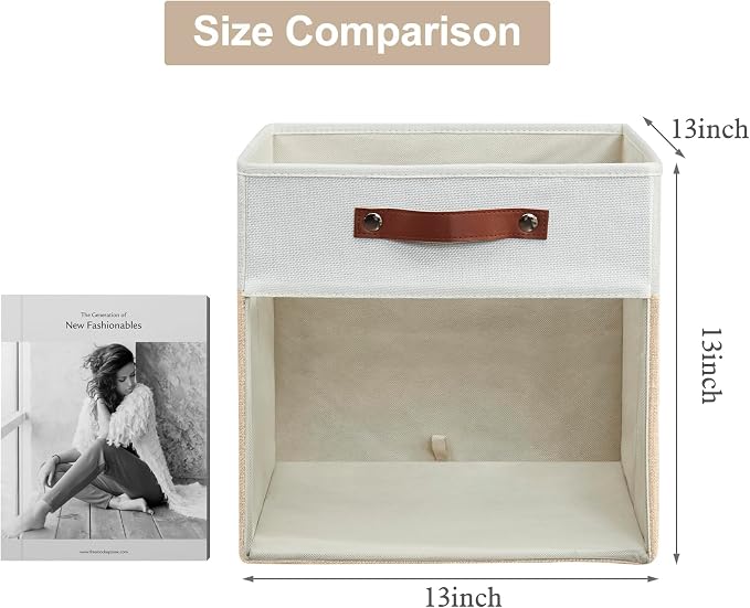 Bagnizer Storage Cubes, 4 Pack Linen Foldable Storage Bins (13 x 13 inch) with Clear Window and Handles, Fabric Organizer for Shelf Closet, Clothes, Books - (Beige and White)