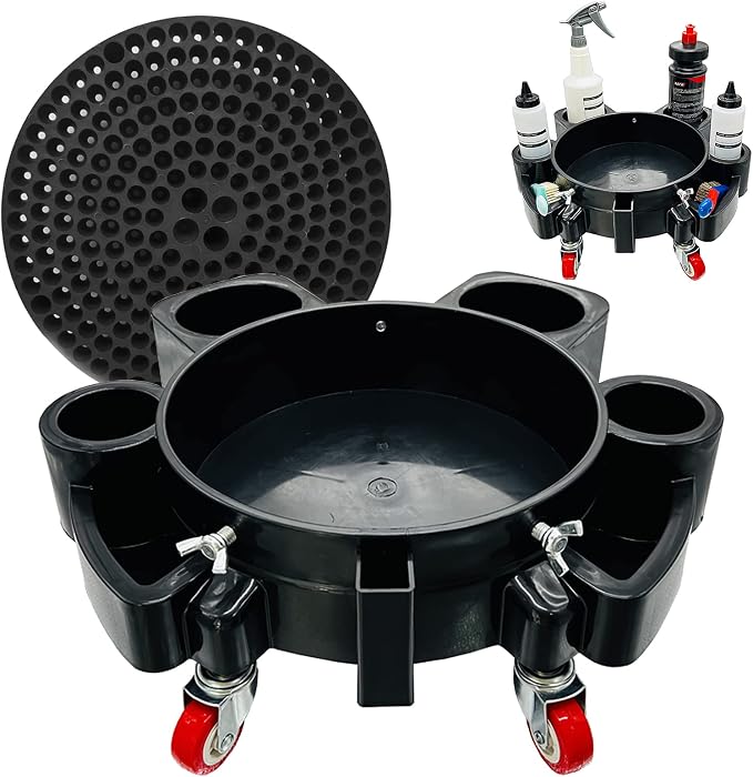 Car Wash Bucket Dolly, 5 Gallon Bucket Grit Trap, Removable Rolling Bucket Dolly with Side Organizer for Storing Spray Bottles and Detailing Kits, Suitable for Workshop Car Washing