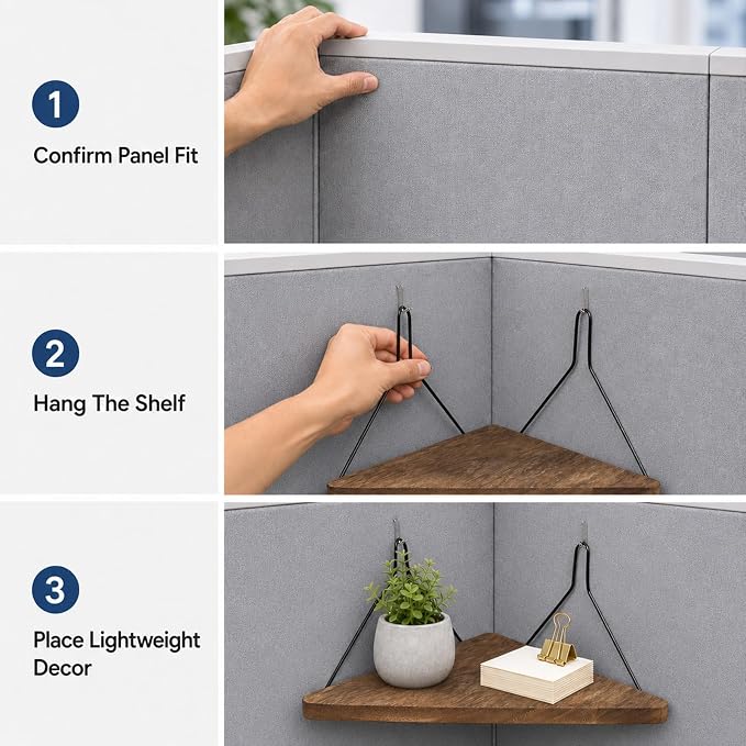 1PCS Fabric Wall Cubicle Corner Shelf with Hooks, Wooden Organizer | 11.81 x 8.46 In Triangular Hanging Shelves for Office Fabric Walls, Work Display Storage, Small Planter, Photo, Decor