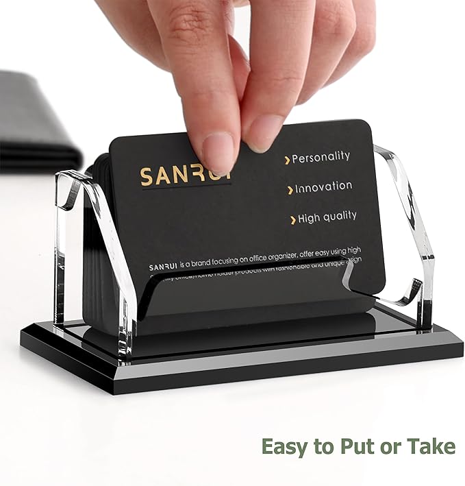 SANRUI Acrylic Business Card Holder, Black Business Cards Display Stand for Desk, Clear Horizontal 1 Slot Desktop Organizer, 60 Card Capacity