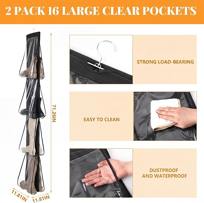 Windyun 16 Pairs Large Clear Pockets Fabric Dual Sided Hanging Shoe Rack for Closets Hanging Shoe Organizer with Rotating Hanger Boot Organizer for Storage Men's and Woman's Boots(Black)