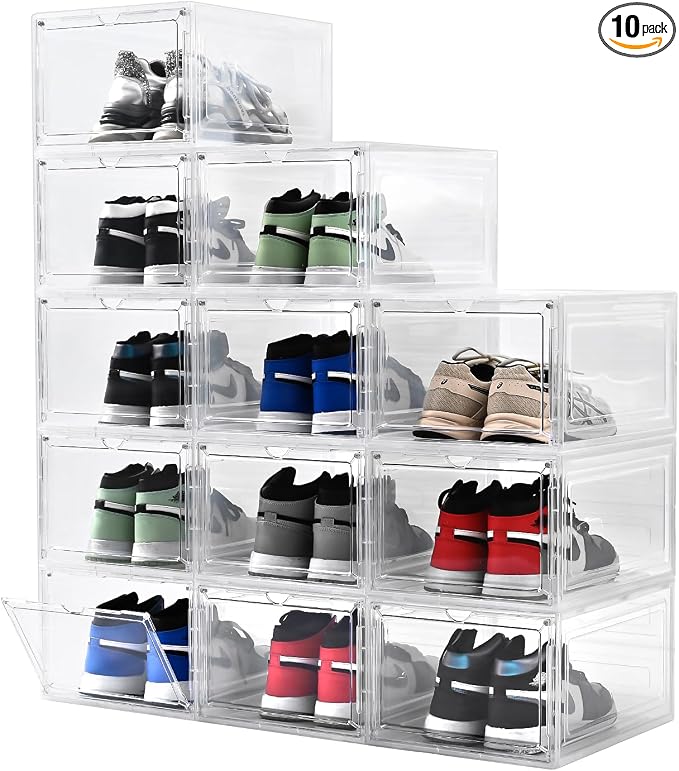 Large Shoe Boxes Clear Plastic Stackable，Drop Front Shoe Box with Clear Door, Shoe Containers For Sneaker Display,Fit up to US Size12