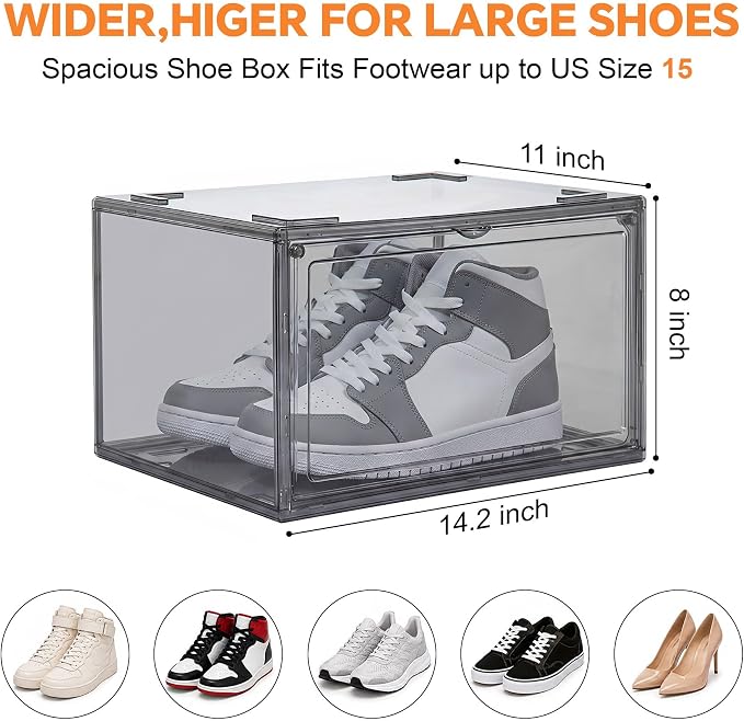 MMBABY 12 Pack Acrylic Shoe Boxes– Ultra Clear Plastic Stackable Sneaker Storage For Sneakerhead. Professional Grade Shoe Display Case with Magnetic Door.Fits US Size 15 (Grey-Side Open)