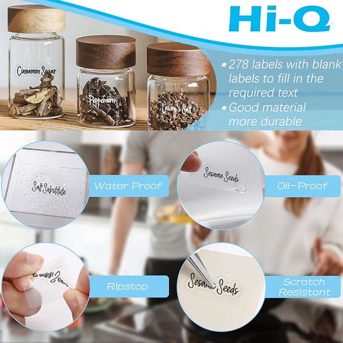 278 Pcs Clear Spice Labels Stickers Preprinted,Small-Stickable -Removable,139 Black+139 White Handwriting Letters, Work on Kitchen Jars Surface