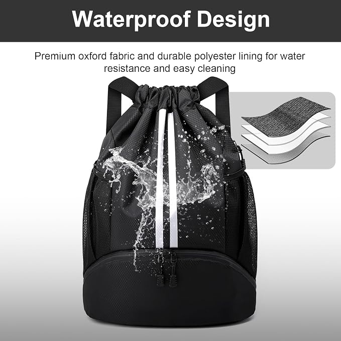 Hoedia Sports Drawstring Backpack - Swim Gym Bag for Women and Men | String Bag with Shoes Compartment and Wet Proof Pocket, Adjustable Wider Shoulder Strap, For Soccer, Basketabll, Volleyball