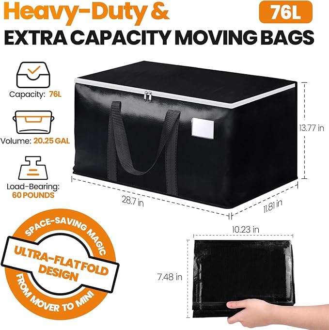 StoreHappily Heavy-Duty & Extra Capacity Moving Bags with Backpack Straps, Storage Totes with Double Zipper & Strong Handles, Packing Bags Alternative to Moving Boxes, Moving Supplies (2 Pack, Black)