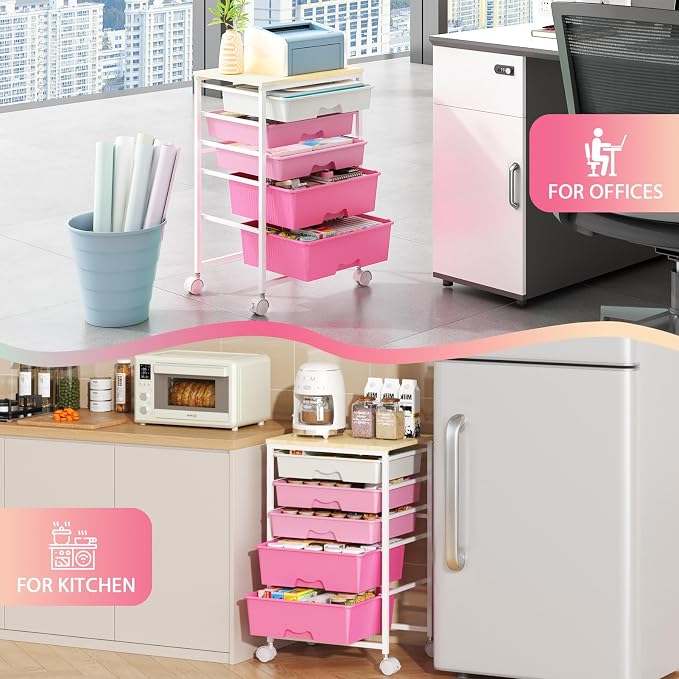 Goovilla Rolling Cart with Drawers, Utility Cart Organizer with 5 Removable Drawers and Wooden Tabletop, Lockable Rolling Storage Organizer for Art, Classroom, Home, Dorm, Office, Craft Storage, Pink