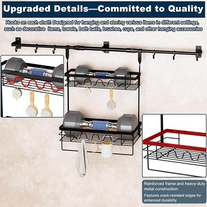 Upgraded adjustable Spice Rack Wall Mount, 6 pack kitchen hooks,heavy-duty kitchen wall shelf, suitable for use as an over-the-stove shelf, coffee shelf, or shower wall caddy.