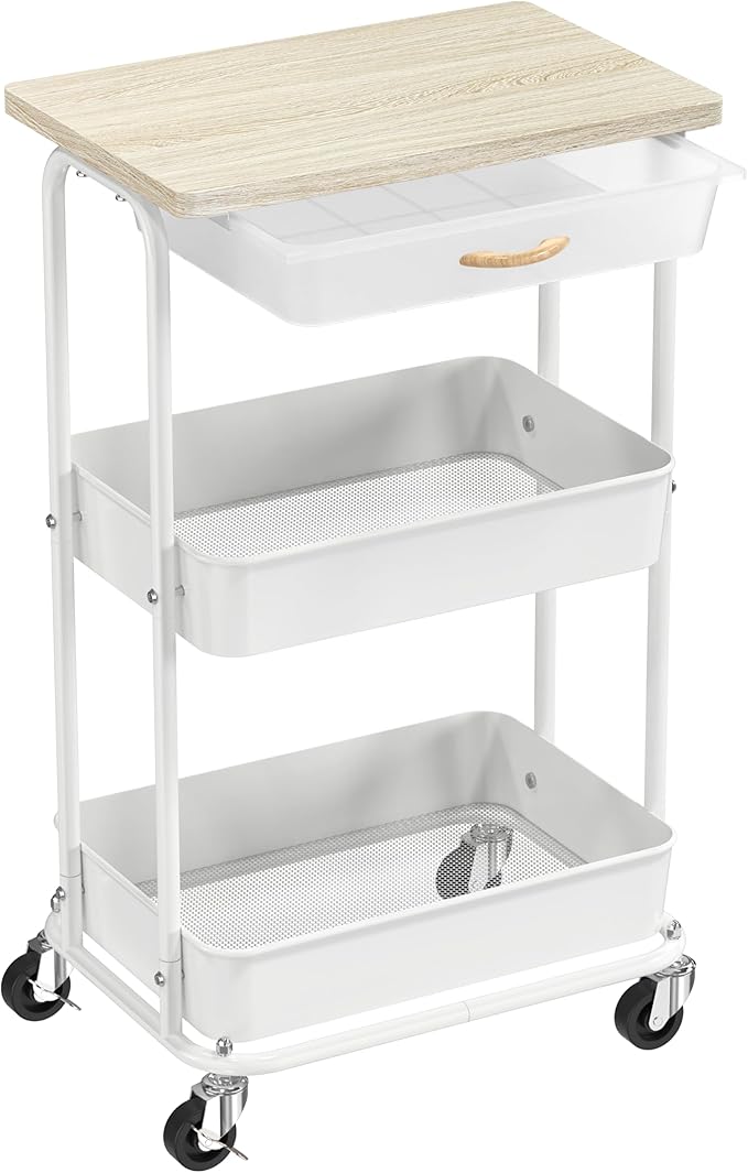Simple Houseware 3-Tier Rolling Utility Cart with Drawer & Wood Top, Maple | Mobile Sofa Side Table, Nightstand, Slim Storage Organizer Trolley for Bedroom, Bathroom, Office & Art Supplies