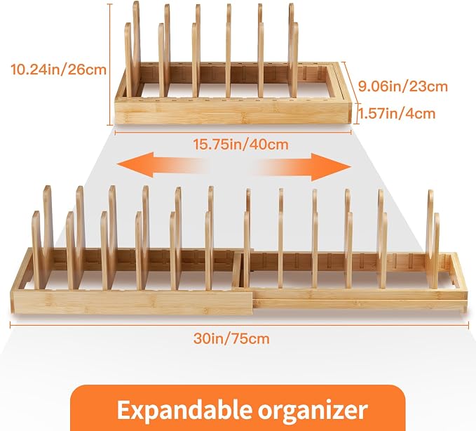 Bamboo Pots and Pans Organizer under Cabinet, Expandable Pot lid Holder Rack and cutting board organizer, Adjustable Bakeware Cookie Sheet Tray for Kitchen Storage
