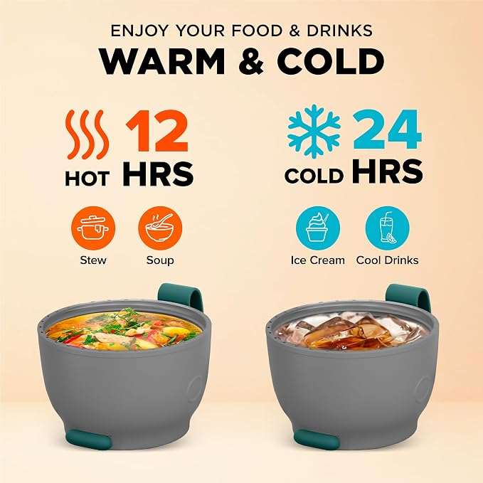 Vacuum Insulated Food Jar. Large 17oz Bowl incl. Folding Spoon, Cup. Wide Mouth Keep Hot & Cold Drinks Soup Lunch Container for Adults. BPA-Free Stainless Steel, Proof Brilliant Green