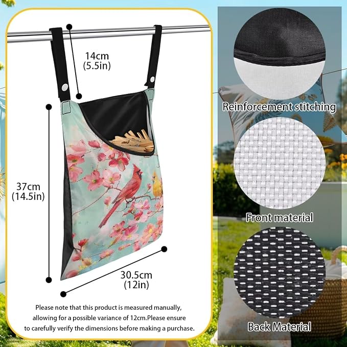 Bird Cherry Blossom Large Capacity 14.5 x 12 Inch Clothespin Bag with Hanging Hook Waterproof Clothes Pin Hanging Bag Clothespin Storage Organizer with Large Opening