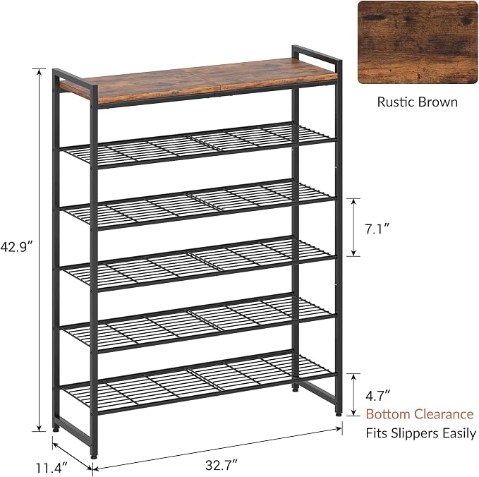 6 Tier Shoe Rack Organizer for 24-30 Pairs, Tall Metal Shoe Storage Shelf with Wood Top, Adjustable Boot Space, Narrow Design for Entryway Closet, Rustic Brown and Black