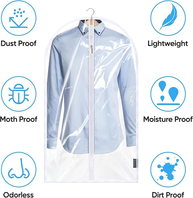 BALEINE 40'' Clear Garment Bags, 6 Packs PEVA Dress Bag for Closet Clothes Dresses Suit Coats Storage (Clear, 6PK)