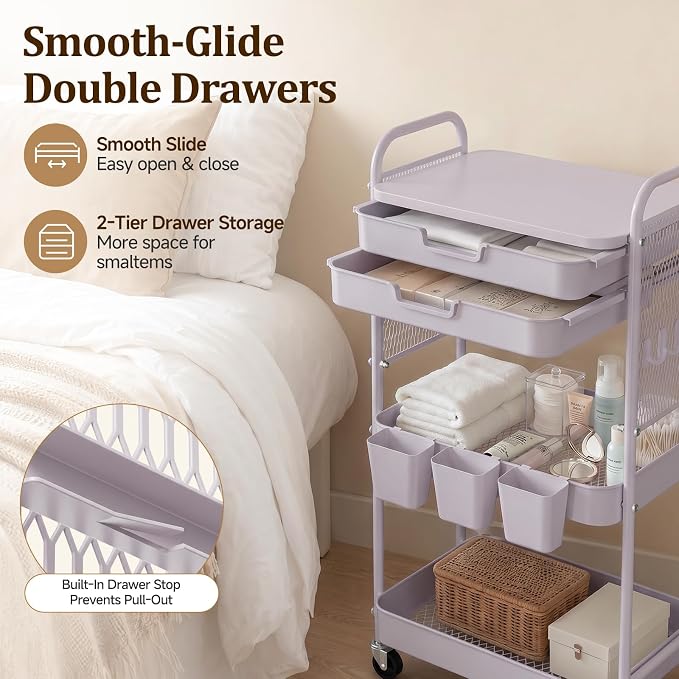 3 Tier Rolling Cart with 2 Drawers, Metal Utility Storage Carts with Wheels | Kitchen Rolling Cart 4.5" Deep Basket, Mesh Side Panel with 3 Cups, 4 Hooks for Office, Bedside, Craft Storage Cart
