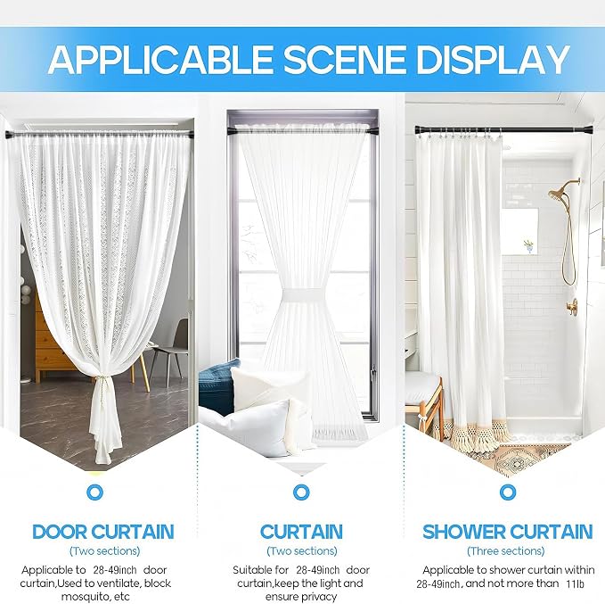 2 Pack Spring Tension Rods 28-49 Inches, 7/8 Inch Diameter Black No Drill Spring Loaded Adjustable Extendable, Small Short Tension Curtain Rod for Windows Kitchen Doorway Closet Cupboard