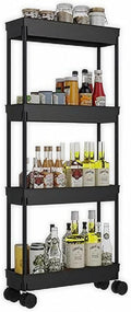 Sooyee 4 Tier Slim Storage Cart, Black | Rolling, Narrow Shelf, Mobile Shelving Unit Organizer, For Kitchen, Bathroom, Laundry Room