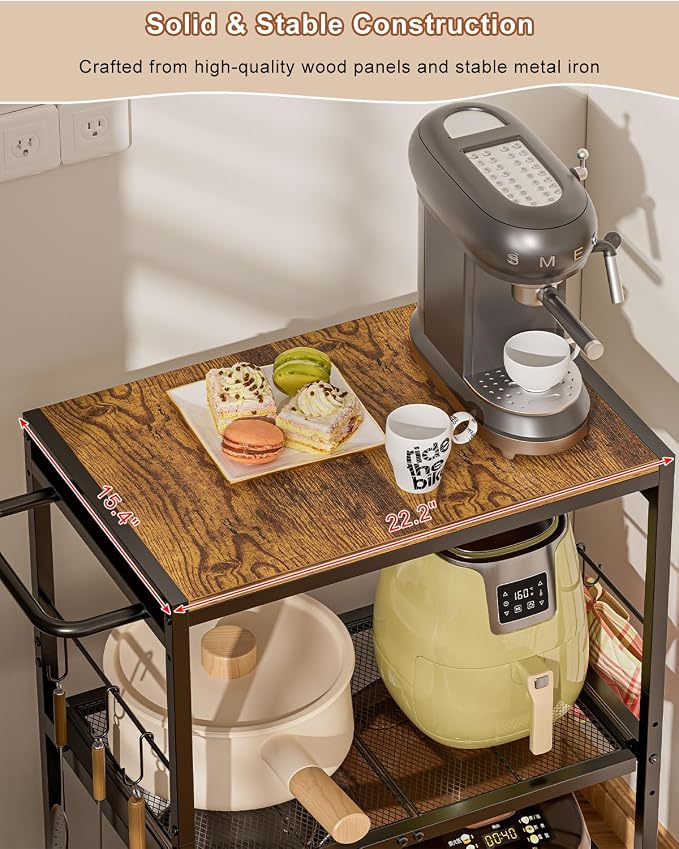Feyejade 3-Tier Rolling Kitchen Cart with Storage, Compact Metal Island | Compact size for pantry storage, adjustable shelf utility cart, pull out drawer, microwave stand table top open shelving