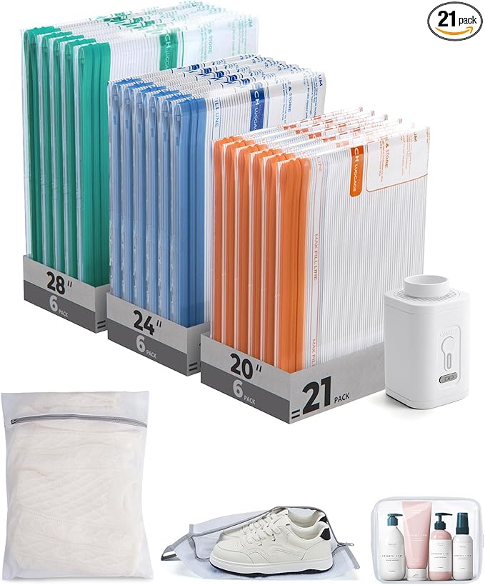 BAGSMART Vacuum for Travel with Rechargeable Air Pump, Portable Space Saver Bags for Travel & Home, Vacuum Compression Seal Bag for Clothing, Blanket, 21 Pack Multicolor