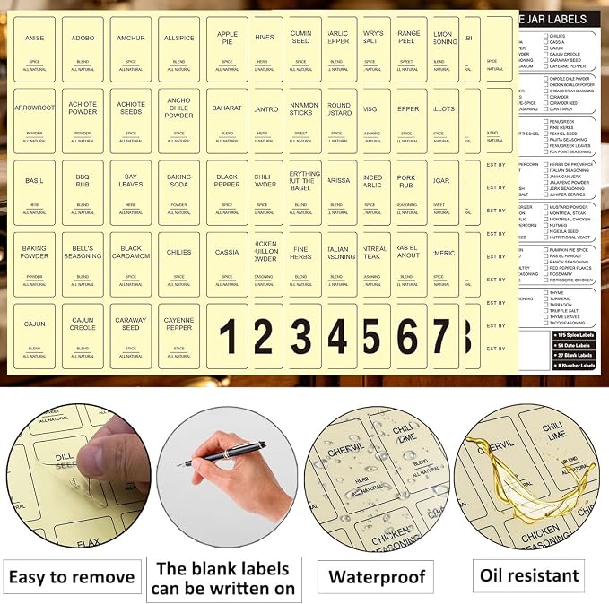 256 Spice Labels, Preprinted Minimalist Waterproof Stickers Removable Transparent Blank Label Expiration Date Labels Tear Resistant Sticker for Kitchen Jars Food Containers Spice Organizers Storage