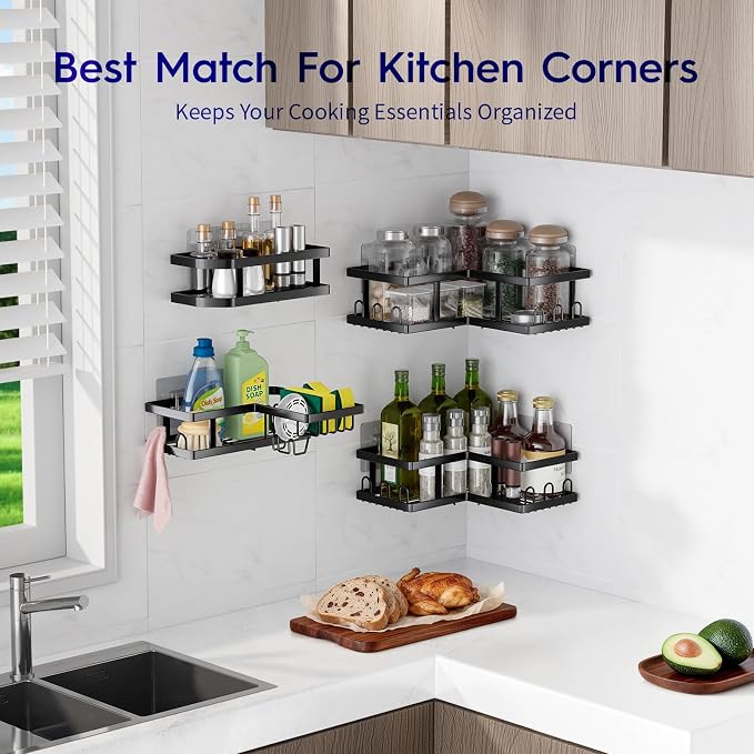 Youvip Shower Caddy Corner No Drilling-Adhesive, Shower Shelves-Rustproof | Organizer for Dorm. Black, 4-Pack - with Soap Holder