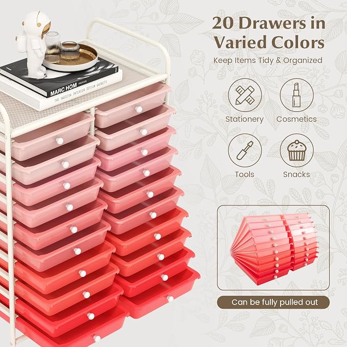 LDAILY 20-Drawer Rolling Storage Cart, Rolling Storage Cart, Storage Organizer on Wheels, Metal Frame, Scrapbook Paper Tools, Suitable for Office School, Classroom (Gradient Pink, 20 Drawer)