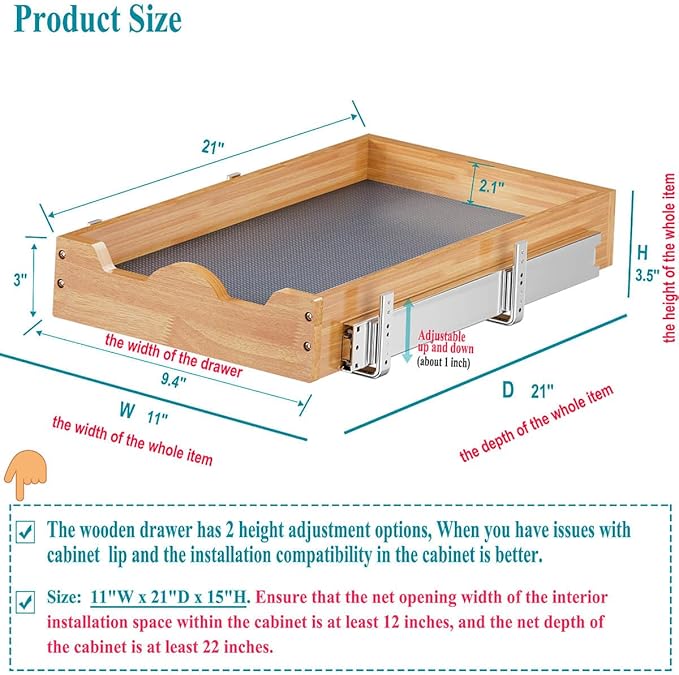 OCG Pull Out Drawers For Cabinets, Slide out Wood Drawer Shelf, Pull Out Shelves for Base Cabinet Organization in Kitchen, Pantry, Bathroom