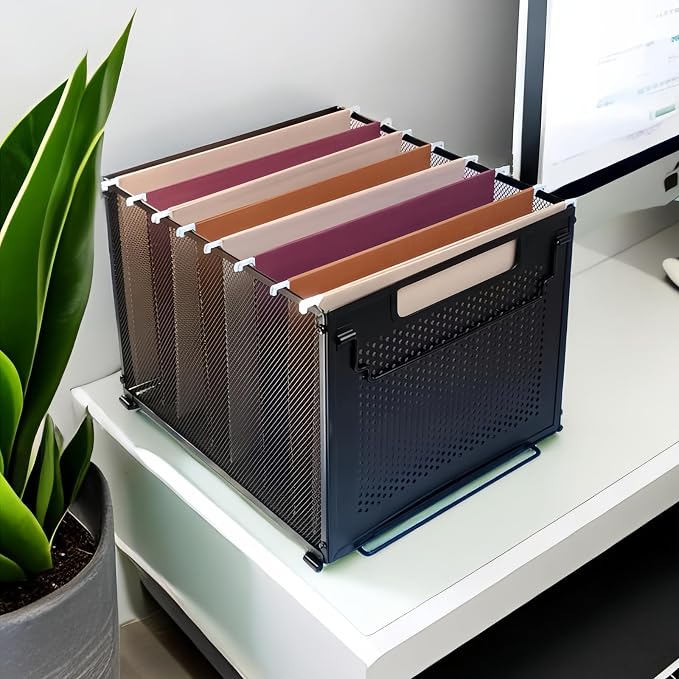 SETTFRFE Metal Hanging File Folder Organizer with Handle,Letter Size,Black | Perforated Metal Plate File Crates for Hanging Folders,Stackable Filing Basket for Office,Classroom & Home
