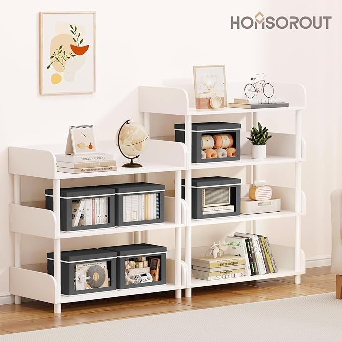 Homsorout Storage Bins with Lids - Small Fabric Organizers with Window, Collapsible Storage Bins for Clothes, Decorative Closet Organizers for Towels, Tshirt, 4 Pack, Dark Grey