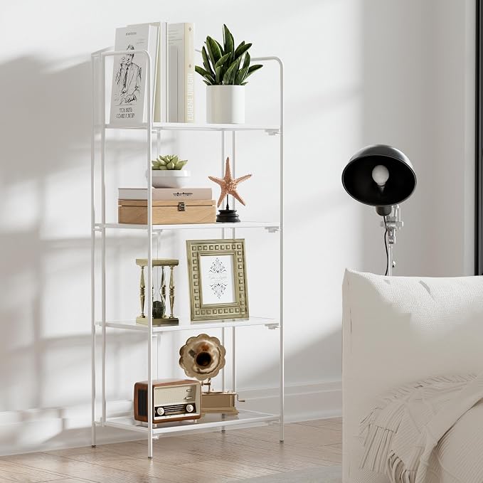 Crofy 4-Tier Foldable Bookshelf, White Frame & Transparent Shelves | No-Assembly Collapsible Portable Storage Organizer; Sturdy Transparent Shelves; Ideal for Living Room & Home Office