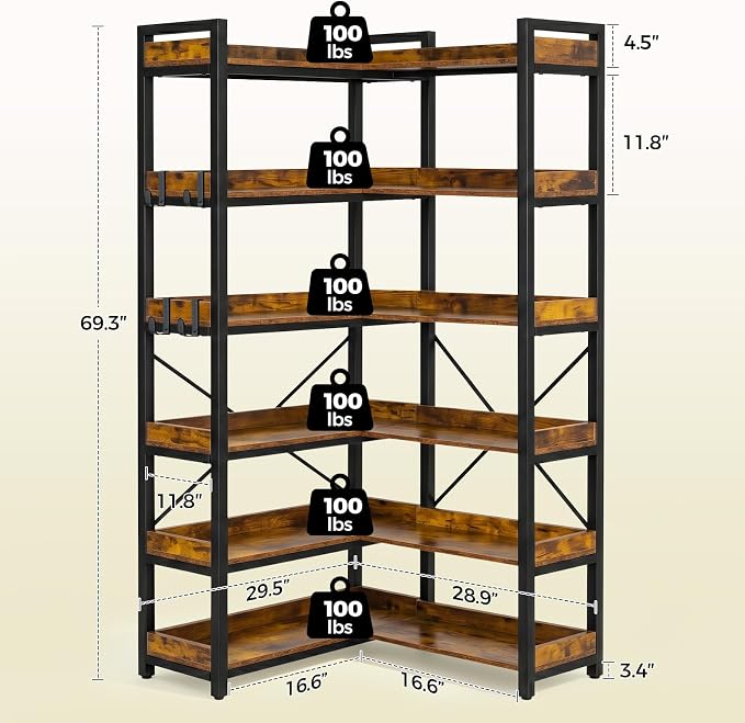 GTPLAYER 6-Tier Corner Bookshelf, L-Shaped Metal Frame Shelf with Tall 14" Shelves, Plant Stand and Storage Rack for Small Spaces, Living Room and Home Office, Vintage Brown