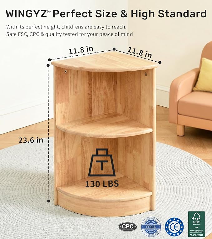 WINGYZ Rubber Wood Corner Cabinet, 2-Tier Montessori Shelf 11.8" L Bookcase | Toy Storage Organizer, 150lb Capacity, Montessori Bookshelf for Kids Rooms, Classroom, Playroom, Nursery, Daycare, Child-Safe