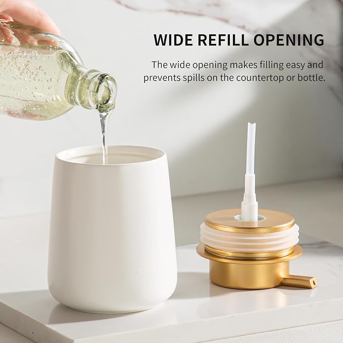 Enra Ceramic Soap Dispenser, 12 Oz Wide-Mouth Hand Lotion Dispenser with Gold Pump, White Refillable Dish Soap Dispenser for Kitchen & Bathroom Countertop Decor