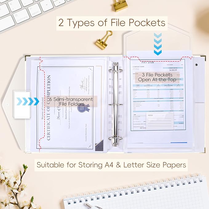 XKDOUS Important Document Organizer, Folio Folders with 9 Pockets, 3-Ring Binder Gold-Foiled Hardcover File Storage Organization Expanding File for 8.5x11 Papers, A4 Documents
