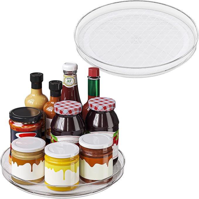 Lazy Susan Turntable Organizer (2 Pack), 9 Inch Non-Skid Clear Rotating Spice Rack for Kitchen Cabinet, Pantry, Fridge, Tabletop, Round Spinning Tray for Bathroom Countertop, Makeup Vanity, Under Sink