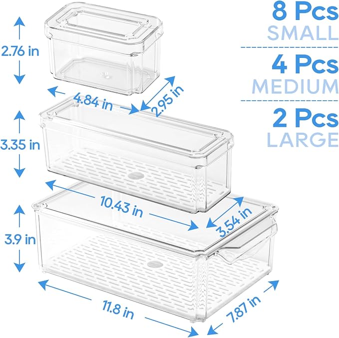 JollyPack 14 Pack Fridge Organizers, Refrigerator Organizer Bins with Lids, BPA Free Stackable Fruit Storage Containers for Fridge, Vegetables, Food and Drinks