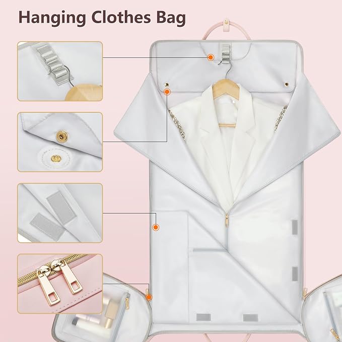 Garment Bags for Travel, Convertible Suit Travel Bag for Women, Fashion & Cute Carry On Garment Bag w/Shoes Pouch, 2 in 1 Foldable PU Leather Hanging Duffle Bag, Single-Zipper Design, Pink