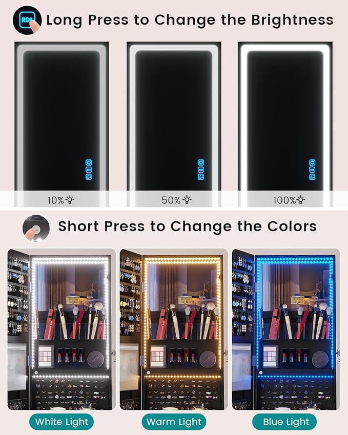 Vlsrka Jewelry Armoire with Full Length LED Mirror, 360° Swivel, Black | Standing Mirror with Storage, Lockable Jewelry Cabinet with Touch Screen & RGB Modes for Small Bedroom Spaces, Gift for Women