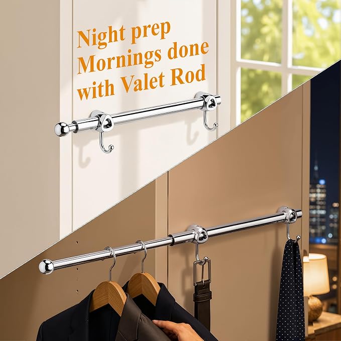 14" Valet Rod for Closets Pull Out, Closet Valet Rod Slide Out with 2 Hooks, Chrome